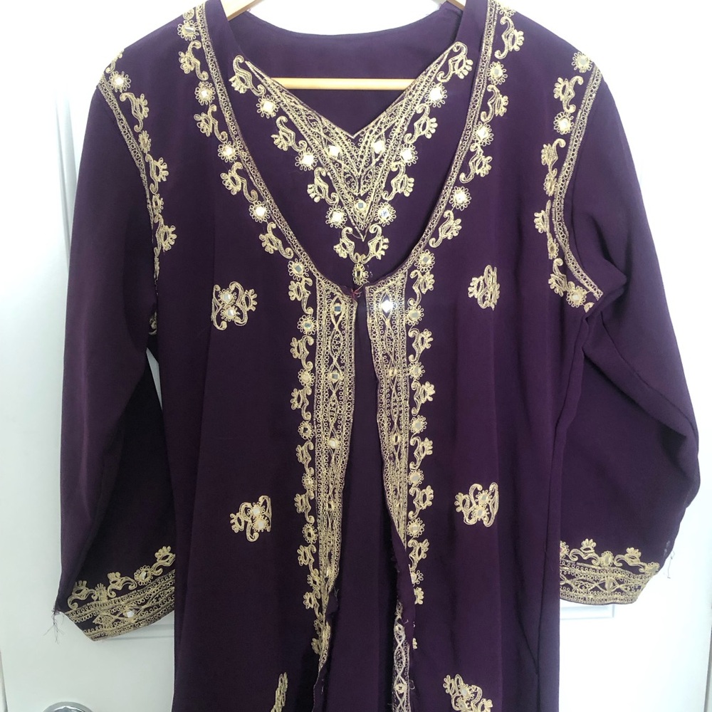 Purple Long-Sleeve Embroidered Tunic Dress with Gold Accents